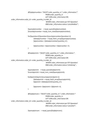 @$sqlqtyincandue = "SELECT order_quantity_in.*, order_information.*
                                               FROM order_quantity_in
                                               LEFT JOIN order_information ON
order_information.order_id = order_quantity_in.order_id
                                                WHERE order_information.po='DTI-$poselect'
                                               AND order_information.status='cancelleddue'";

                       $queryqtyincandue = mysql_query($sqlqtyincandue);
                       $countqtyincandue = mysql_num_rows($queryqtyincandue);

                       for($qcandue=0;$qcandue<$countqtyincandue;$qcandue++){
                               $dataqtyincandue = mysql_fetch_array($queryqtyincandue);
                               $qtyincandue = $dataqtyincandue['quantity_in'];

                              $qtyinzcandue = $qtyinzcandue + $qtyincandue + 0;
                       }

                      @$sqlqtyininit = "SELECT order_quantity_in.*, order_information.*
                                               FROM order_quantity_in
                                               LEFT JOIN order_information ON
order_information.order_id = order_quantity_in.order_id
                                                WHERE order_information.po='DTI-$poselect'
                                               AND order_information.status='initializing'";

                       $queryqtyininit = mysql_query($sqlqtyininit);
                       $countqtyininit = mysql_num_rows($queryqtyininit);

                       for($qinit=0;$qinit<$countqtyininit;$qinit++){
                               $dataqtyininit = mysql_fetch_array($queryqtyininit);
                               $qtyininit = $dataqtyininit['quantity_in'];

                              $qtyinzinit = $qtyinzinit + $qtyininit + 0;
                       }

                      @$sqlqtyincanc = "SELECT order_quantity_in.*, order_information.*
                                               FROM order_quantity_in
                                               LEFT JOIN order_information ON
order_information.order_id = order_quantity_in.order_id
                                                WHERE order_information.po='DTI-$poselect'
                                               AND order_information.status='cancelled'";

                       $queryqtyincanc = mysql_query($sqlqtyincanc);
 