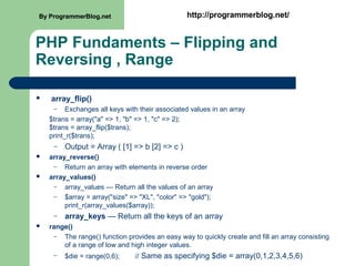PHP Fundaments – Flipping and
Reversing , Range
 array_flip()
– Exchanges all keys with their associated values in an array
$trans = array("a" => 1, "b" => 1, "c" => 2);
$trans = array_flip($trans);
print_r($trans);
– Output = Array ( [1] => b [2] => c )
 array_reverse()
– Return an array with elements in reverse order
 array_values()
– array_values — Return all the values of an array
– $array = array("size" => "XL", "color" => "gold");
print_r(array_values($array));
– array_keys — Return all the keys of an array
 range()
– The range() function provides an easy way to quickly create and fill an array consisting
of a range of low and high integer values.
– $die = range(0,6); // Same as specifying $die = array(0,1,2,3,4,5,6)
By ProgrammerBlog.net http://programmerblog.net/By ProgrammerBlog.net http://programmerblog.net/
 