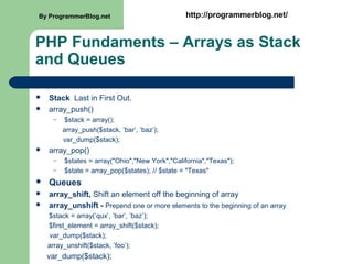 PHP Fundaments – Arrays as Stack
and Queues
 Stack Last in First Out.
 array_push()
– $stack = array();
array_push($stack, ’bar’, ’baz’);
var_dump($stack);
 array_pop()
– $states = array("Ohio","New York","California","Texas");
– $state = array_pop($states); // $state = "Texas"
 Queues
 array_shift, Shift an element off the beginning of array
 array_unshift - Prepend one or more elements to the beginning of an array
$stack = array(’qux’, ’bar’, ’baz’);
$first_element = array_shift($stack);
var_dump($stack);
array_unshift($stack, ’foo’);
var_dump($stack);
By ProgrammerBlog.net http://programmerblog.net/
 