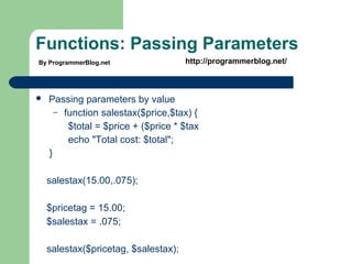 Functions: Passing Parameters
 Passing parameters by value
– function salestax($price,$tax) {
$total = $price + ($price * $tax
echo "Total cost: $total";
}
salestax(15.00,.075);
$pricetag = 15.00;
$salestax = .075;
salestax($pricetag, $salestax);
By ProgrammerBlog.net http://programmerblog.net/
 
