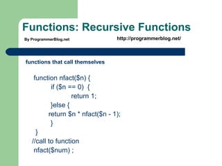 Functions: Recursive Functions
functions that call themselves
function nfact($n) {
if ($n == 0) {
return 1;
}else {
return $n * nfact($n - 1);
}
}
//call to function
nfact($num) ;
By ProgrammerBlog.net http://programmerblog.net/
 