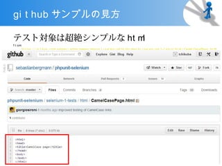 gi t hub サンプルの見方

テスト対象は超絶シンプルな ht ml
f r om
         ht t ps: / / gi t hub. com sebast i anber gm
                                   /                 ann/ phpuni t - sel eni um bl ob/ m
                                                                               /        ast er / sel eni um 1- t est s/ ht m / Cam CasePage. ht m
                                                                                                           -                l     el             l
 