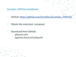 Ecomdev_PHPUnit Installation
◎ GitHub: https://github.com/EcomDev/EcomDev_PHPUnit
◎ Obtain the extension: composer
◎ Download from GitHub:
○ phpunit.xml
○ app/etc/local.xml.phpunit
 