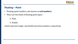 Floating – Point
• Floating-point numbers, also known as real numbers
• There are two kinds of floating-point types :
 Float
 Double
which represent single- and double-precision numbers, respectively.
 
