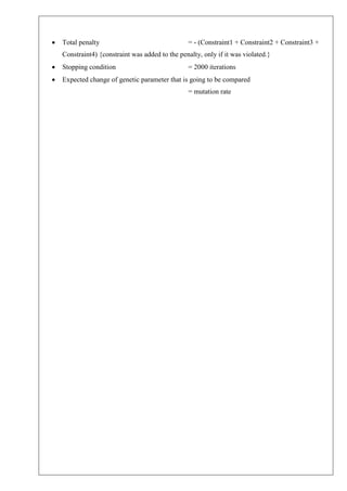 • Total penalty = - (Constraint1 + Constraint2 + Constraint3 +
Constraint4) {constraint was added to the penalty, only if it was violated.}
• Stopping condition = 2000 iterations
• Expected change of genetic parameter that is going to be compared
= mutation rate
 