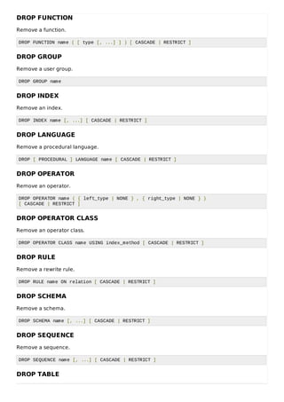 DROP FUNCTION
Remove a function.
DROP FUNCTION name ( [ type [, ...] ] ) [ CASCADE | RESTRICT ]
DROP GROUP
Remove a user group.
DROP GROUP name
DROP INDEX
Remove an index.
DROP INDEX name [, ...] [ CASCADE | RESTRICT ]
DROP LANGUAGE
Remove a procedural language.
DROP [ PROCEDURAL ] LANGUAGE name [ CASCADE | RESTRICT ]
DROP OPERATOR
Remove an operator.
DROP OPERATOR name ( { left_type | NONE } , { right_type | NONE } )
[ CASCADE | RESTRICT ]
DROP OPERATOR CLASS
Remove an operator class.
DROP OPERATOR CLASS name USING index_method [ CASCADE | RESTRICT ]
DROP RULE
Remove a rewrite rule.
DROP RULE name ON relation [ CASCADE | RESTRICT ]
DROP SCHEMA
Remove a schema.
DROP SCHEMA name [, ...] [ CASCADE | RESTRICT ]
DROP SEQUENCE
Remove a sequence.
DROP SEQUENCE name [, ...] [ CASCADE | RESTRICT ]
DROP TABLE
 