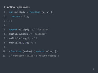 Function Expressions
12
1. var multiply = function (x, y) {
2. return x * y;
3. };
4.
5. typeof multiply; // 'function'
6. multiply.name; // 'multiply'
7. multiply.length; // 2
8. multiply(2, 3); // 6
9.
10. (function (value) { return value; })
11. // function (value) { return value; }
 