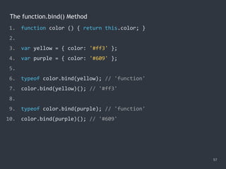 The function.bind() Method
57
1. function color () { return this.color; }
2.
3. var yellow = { color: '#ff3' };
4. var purple = { color: '#609' };
5.
6. typeof color.bind(yellow); // 'function'
7. color.bind(yellow)(); // '#ff3'
8.
9. typeof color.bind(purple); // 'function'
10. color.bind(purple)(); // '#609'
 