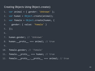 Creating Objects Using Object.create()
80
1. var animal = { gender: 'Unknown' };
2. var human = Object.create(animal);
3. var female = Object.create(human, {
4. gender: { value: 'Female' }
5. });
6.
7. human.gender; // 'Unknown'
8. human.__proto__ === animal; // true
9.
10. female.gender; // 'Female'
11. female.__proto__ === human; // true
12. female.__proto__.__proto__ === animal; // true
 
