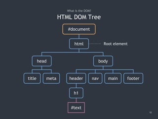 10
html
HTML DOM Tree
What Is the DOM?
head body
metatitle header
#document
nav main footer
Root element
h1
#text
 
