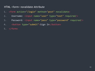 HTML <form> novalidate Attribute
33
1. <form action="/login" method="post" novalidate>
2. Username: <input name="user" type="text" required/>
3. Password: <input name="pass" type="password" required/>
4. <button type="submit">Sign In</button>
5. </form>
 