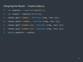 Using Express Router - /routes/todos.js
72
1. var express = require('express');
2. var router = express.Router();
3. router.get('/todos', function (req, res) {});
4. router.post('/todos', function (req, res) {});
5. router.get('/todos/:id', function (req, res) {});
6. router.put('/todos/:id', function (req, res) {});
7. module.exports = router;
 