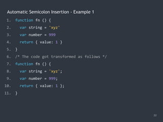 Automatic Semicolon Insertion - Example 1
22
1. function fn () {
2. var string = 'xyz'
3. var number = 999
4. return { value: 1 }
5. }
6. /* The code got transformed as follows */
7. function fn () {
8. var string = 'xyz';
9. var number = 999;
10. return { value: 1 };
11. }
 