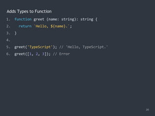 20
Adds Types to Function
1. function greet (name: string): string {
2. return `Hello, ${name}.`;
3. }
4.
5. greet('TypeScript'); // 'Hello, TypeScript.'
6. greet([1, 2, 3]); // Error
 