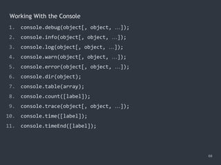 1. console.debug(object[, object, …]);
2. console.info(object[, object, …]);
3. console.log(object[, object, …]);
4. console.warn(object[, object, …]);
5. console.error(object[, object, …]);
6. console.dir(object);
7. console.table(array);
8. console.count([label]);
9. console.trace(object[, object, …]);
10. console.time([label]);
11. console.timeEnd([label]);
68
Working With the Console
 