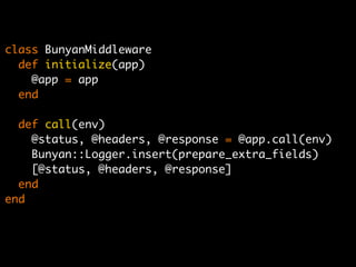 class BunyanMiddleware
  def initialize(app)
    @app = app
  end

  def call(env)
    @status, @headers, @response = @app.call(env)
    Bunyan::Logger.insert(prepare_extra_fields)
    [@status, @headers, @response]
  end
end
 