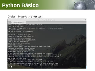 - Digite: import this (enter)
Python Básico
 