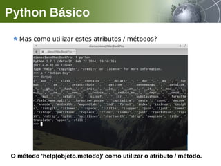 Mas como utilizar estes atributos / métodos?
Python Básico
O método 'help(objeto.metodo)' como utilizar o atributo / método.
 