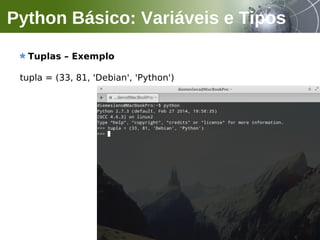 Tuplas – Exemplo
tupla = (33, 81, 'Debian', 'Python')
Python Básico: Variáveis e Tipos
 