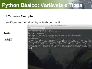 Tuplas – Exemplo
Verifique os métodos disponíveis com o dir
Python Básico: Variáveis e Tipos
Testar:
tupla[3]
 