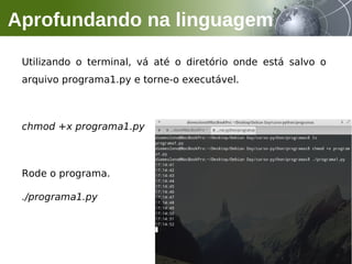 Utilizando o terminal, vá até o diretório onde está salvo o
arquivo programa1.py e torne-o executável.
chmod +x programa1.py
Rode o programa.
./programa1.py
Aprofundando na linguagem
 