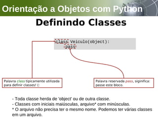 Orientação a Objetos com Python
- Toda classe herda de 'object' ou de outra classe.
- Classes com iniciais maiúsculas, arquivo* com minúsculas.
* O arquivo não precisa ter o mesmo nome. Podemos ter várias classes
em um arquivo.
 