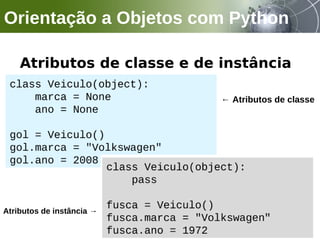 Atributos de classe e de instância
Orientação a Objetos com Python
← Atributos de classe
Atributos de instância →
 