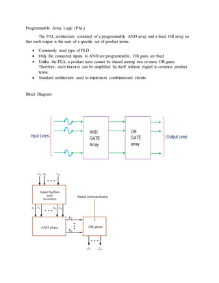 Programmable Array Logic (PAL)
The PAL architecture consisted of a programmable AND array and a fixed OR array so
that each output is the sum of a specific set of product terms.
 Commonly used type of PLD
 Only the connected inputs to AND are programmable, OR gates are fixed
 Unlike the PLA, a product term cannot be shared among two or more OR gates.
Therefore, each function can be simplified by itself without regard to common product
terms.
 Standard architecture used to implement combinational circuits
Block Diagram:
 