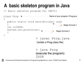42A Concise and Practical Introduction to Programming Algorithms in Java © 2009 Frank Nielsen
A basic skeleton program in Java
Name of your program: Prog.java
Magic formula 2
Magic formula 1
> javac Prog.java
(builds a Prog.class file)
> java Prog
(execute the program)
2008
// Basic skeleton program for INF311
class Prog
{
public static void main(String[] arg)
{
int x=2008;
System.out.println(x);
}
}
 