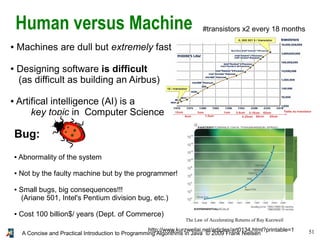 51A Concise and Practical Introduction to Programming Algorithms in Java © 2009 Frank Nielsen
Human versus Machine #transistors x2 every 18 months
http://www.kurzweilai.net/articles/art0134.html?printable=1
The Law of Accelerating Returns of Ray Kurzweil
● Machines are dull but extremely fast
● Designing software is difficult
(as difficult as building an Airbus)
● Artifical intelligence (AI) is a
key topic in Computer Science
Bug:
● Abnormality of the system
● Not by the faulty machine but by the programmer!
● Small bugs, big consequences!!!
(Ariane 501, Intel's Pentium division bug, etc.)
● Cost 100 billion$/ years (Dept. of Commerce)
 