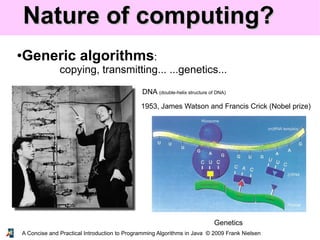 A Concise and Practical Introduction to Programming Algorithms in Java © 2009 Frank Nielsen
Nature of computing?Nature of computing?
•Generic algorithms:
copying, transmitting... ...genetics...
DNA (double-helix structure of DNA)
1953, James Watson and Francis Crick (Nobel prize)
Genetics
 