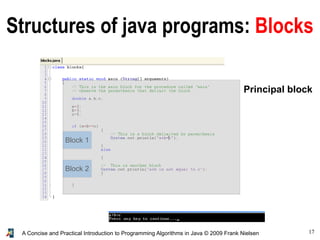 17A Concise and Practical Introduction to Programming Algorithms in Java © 2009 Frank Nielsen
Structures of java programs: Blocks
Block 2
Block 1
Principal block
 