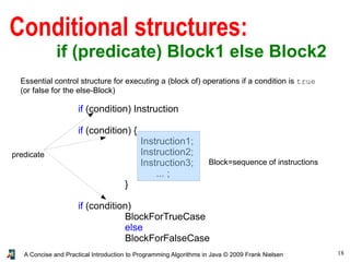 18A Concise and Practical Introduction to Programming Algorithms in Java © 2009 Frank Nielsen
Conditional structures:
if (predicate) Block1 else Block2
Essential control structure for executing a (block of) operations if a condition is true
(or false for the else-Block)
if (condition) Instruction
if (condition) {
Instruction1;
Instruction2;
Instruction3;
... ;
}
if (condition)
BlockForTrueCase
else
BlockForFalseCase
Block=sequence of instructions
predicate
 
