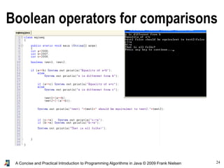 24A Concise and Practical Introduction to Programming Algorithms in Java © 2009 Frank Nielsen
Boolean operators for comparisons
 