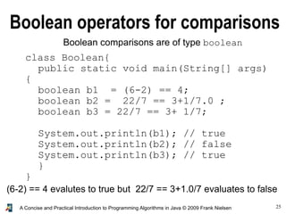 25A Concise and Practical Introduction to Programming Algorithms in Java © 2009 Frank Nielsen
(6-2) == 4 evalutes to true but 22/7 == 3+1.0/7 evaluates to false
Boolean operators for comparisons
Boolean comparisons are of type boolean
class Boolean{
public static void main(String[] args)
{
boolean b1 = (6-2) == 4;
boolean b2 = 22/7 == 3+1/7.0 ;
boolean b3 = 22/7 == 3+ 1/7;
System.out.println(b1); // true
System.out.println(b2); // false
System.out.println(b3); // true
}
}
 