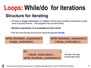 30A Concise and Practical Introduction to Programming Algorithms in Java © 2009 Frank Nielsen
Loops: While/do for iterations
Structure for iterating
● Process a single instruction or a block until the given boolean expression is true
(thus may loop forever... and program may not terminate)
● Boolean expression is re-evaluated at each round
● We can exit the loop at any time using the keyword break;
while (boolean_expression)
single_instruction;
while (boolean_expression)
{ block_instruction;}
do
{ block_instruction;}
while (boolean_expression);
At least, the loop
is executed once.
 