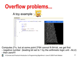 42A Concise and Practical Introduction to Programming Algorithms in Java © 2009 Frank Nielsen
Overflow problems...
A toy example
Computes 2^s, but at some point 2^64 cannot fit 64-bit, we get first
- negative number (leading bit set to 1 by the arithmetic logic unit - ALU)
- then zero!!!!
 