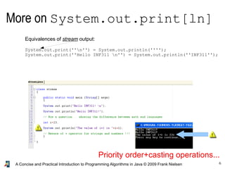 6A Concise and Practical Introduction to Programming Algorithms in Java © 2009 Frank Nielsen
More on System.out.print[ln]
Equivalences of stream output:
System.out.print(''n'') = System.out.println('''');
System.out.print(''Hello INF311 n'') = System.out.println(''INF311'');
Priority order+casting operations...
 