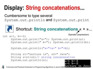 7A Concise and Practical Introduction to Programming Algorithms in Java © 2009 Frank Nielsen
Display: String concatenations...
Cumbersome to type several
System.out.println and System.out.print
Shortcut: String concatenations « + »...
int a=1, b=-2;
System.out.print("a="); System.out.print(a);
System.out.print(" b="); System.out.println(b);
System.out.println("a="+a+" b="+b);
String s1="Lecture in", s2=" Java";
String s=s1+s2;// string concatenation
System.out.println(s);
Operator (expression)
 