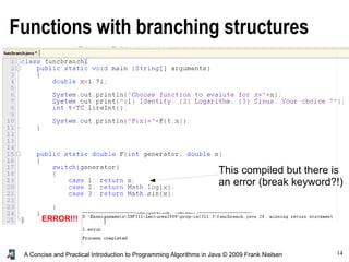 14A Concise and Practical Introduction to Programming Algorithms in Java © 2009 Frank Nielsen
Functions with branching structures
ERROR!!!
This compiled but there is
an error (break keyword?!)
 