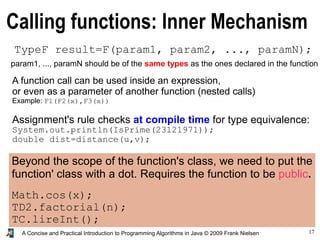 17A Concise and Practical Introduction to Programming Algorithms in Java © 2009 Frank Nielsen
Calling functions: Inner Mechanism
TypeF result=F(param1, param2, ..., paramN);
param1, ..., paramN should be of the same types as the ones declared in the function
A function call can be used inside an expression,
or even as a parameter of another function (nested calls)
Example: F1(F2(x),F3(x))
Assignment's rule checks at compile time for type equivalence:
System.out.println(IsPrime(23121971));
double dist=distance(u,v);
Beyond the scope of the function's class, we need to put the
function' class with a dot. Requires the function to be public.
Math.cos(x);
TD2.factorial(n);
TC.lireInt();
 