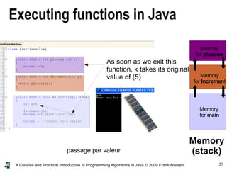 25A Concise and Practical Introduction to Programming Algorithms in Java © 2009 Frank Nielsen
Executing functions in Java
Memory
(stack)
Memory
for main
Memory
for Increment
Memory
for plusone
As soon as we exit this
function, k takes its original
value of (5)
passage par valeur
 