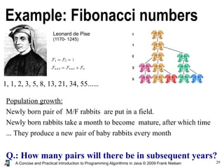 29A Concise and Practical Introduction to Programming Algorithms in Java © 2009 Frank Nielsen
Population growth:
Newly born pair of M/F rabbits are put in a field.
Newly born rabbits take a month to become mature, after which time
... They produce a new pair of baby rabbits every month
Q.: How many pairs will there be in subsequent years?
Example: Fibonacci numbers
Leonard de Pise
(1170- 1245)
1, 1, 2, 3, 5, 8, 13, 21, 34, 55......
 