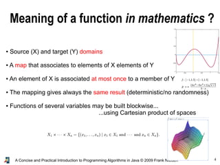 4A Concise and Practical Introduction to Programming Algorithms in Java © 2009 Frank Nielsen
Meaning of a function in mathematics ?
● Source (X) and target (Y) domains
● A map that associates to elements of X elements of Y
● An element of X is associated at most once to a member of Y
● The mapping gives always the same result (deterministic/no randomness)
● Functions of several variables may be built blockwise...
...using Cartesian product of spaces
 