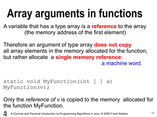 15A Concise and Practical Introduction to Programming Algorithms in Java © 2009 Frank Nielsen
Array arguments in functions
A variable that has a type array is a reference to the array
(the memory address of the first element)
Therefore an argument of type array does not copy
all array elements in the memory allocated for the function,
but rather allocate a single memory reference:
a machine word.
static void MyFunction(int [ ] x)
MyFunction(v);
Only the reference of v is copied to the memory allocated for
the function MyFunction.
 