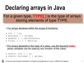 3A Concise and Practical Introduction to Programming Algorithms in Java © 2009 Frank Nielsen
Declaring arrays in Java
For a given type, TYPE[ ] is the type of arrays
storing elements of type TYPE.
● For arrays declared within the scope of functions:
● int [ ] x;
● boolean [ ] prime;
● double [ ] coordinates;
● float [ ] [ ] matrix;
● For arrays declared in the body of a class, use the keyword static:
(array variables can be used by any function of the class)
● static int [ ] x;
● static boolean [ ] prime;
 
