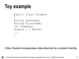 33A Concise and Practical Introduction to Programming Algorithms in Java © 2009 Frank Nielsen
Toy example
public class Student
{
String Lastname;
String Firstname;
int Company;
double [ ] Marks;
...
}
Class Student encapsulates data attached to a student identity.
 