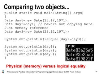 46A Concise and Practical Introduction to Programming Algorithms in Java © 2009 Frank Nielsen
Comparing two objects...
public static void main(String[] args)
{
Date day1=new Date(23,12,1971);
Date day2=day1; // beware not copying here.
Just memory reference
Date day3=new Date(23,12,1971);
System.out.println(isEqual(day1,day3));
System.out.println(day1);
System.out.println(day2);
System.out.println(day3);
}
Physical (memory) versus logical equality
 