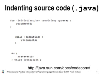 5A Concise and Practical Introduction to Programming Algorithms in Java © 2009 Frank Nielsen
Indenting source code (.java)
http://java.sun.com/docs/codeconv/
 