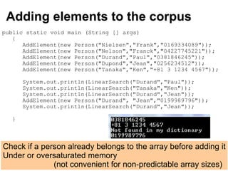 19A Concise and Practical Introduction to Programming Algorithms in Java © 2009 Frank Nielsen
Adding elements to the corpus
public static void main (String [] args)
{
AddElement(new Person("Nielsen","Frank","0169334089"));
AddElement(new Person("Nelson","Franck","04227745221"));
AddElement(new Person("Durand","Paul","0381846245"));
AddElement(new Person("Dupond","Jean","0256234512"));
AddElement(new Person("Tanaka","Ken","+81 3 1234 4567"));
System.out.println(LinearSearch("Durand","Paul"));
System.out.println(LinearSearch("Tanaka","Ken"));
System.out.println(LinearSearch("Durand","Jean"));
AddElement(new Person("Durand", "Jean","0199989796"));
System.out.println(LinearSearch("Durand","Jean"));
}
Check if a person already belongs to the array before adding it
Under or oversaturated memory
(not convenient for non-predictable array sizes)
 